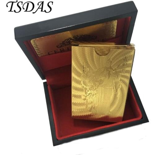 Golden Playing Cards With Wu Fortuna (Chinese God) Pattern, Gold Foil Poker 54pcs/deck With Black Wooden Box
