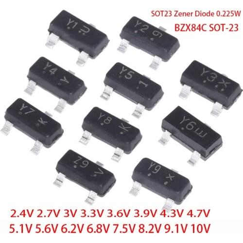 100pcs SOT23 Zener Diode 0.225W BZX84C SOT-23 2.4V 2.7V 3V 3.3V 3.6V 3.9V 4.3V 4.7V 5.1V 5.6V 6.2V 6.8V 7.5V 8.2V 9.1V 10V