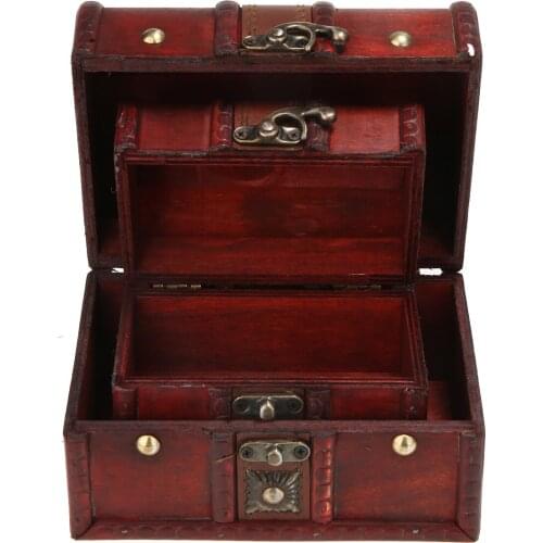 2pcs Vintage Wooden Jewelry Storage Box Small Treasure Chest Wood Crate Household Crafts Storage Boxes