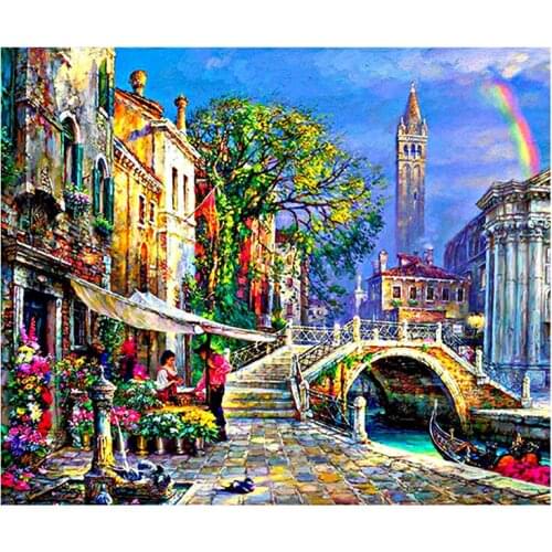 5D DIY Diamond Painting "Landscape Town Street" Embroidery Full Round Diamond Cross Stitch Rhinestone Mosaic Painting Decor