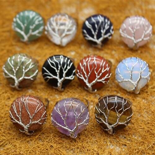 6pcs Red Jaspers Natural Stone Round Adjustable Rings Handmade Brass wire twist Life Tree Healing Rings for Women Jewelry Free