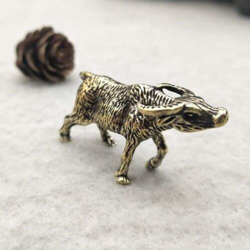 Antique Solid Brass Cattle Miniature Figurines Retro Copper Animal Tea Pet Desktop Ornament Decor Crafts Keychain Pendants