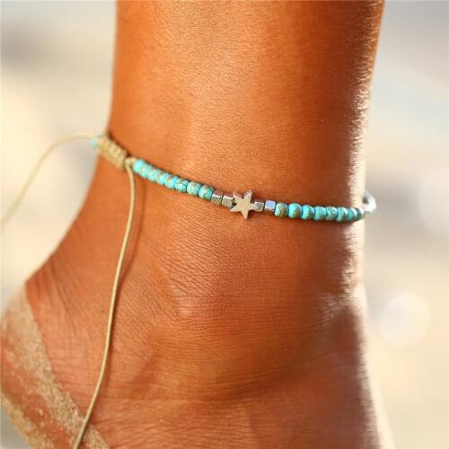 KSRA Bohemia Turquoises Beads Anklets For Women Vintage Rope Chain Leg Ankle Anklet Pentagram Star Charm Bracelet Beach Jewelry