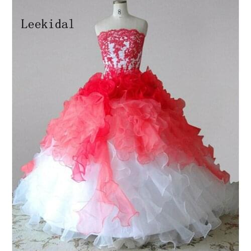 White and Red Long Flower Girl Dresses Strapless Lace Ruffles Organza Ball Gown Girls Birthday Party Dresses Custom Real Photos