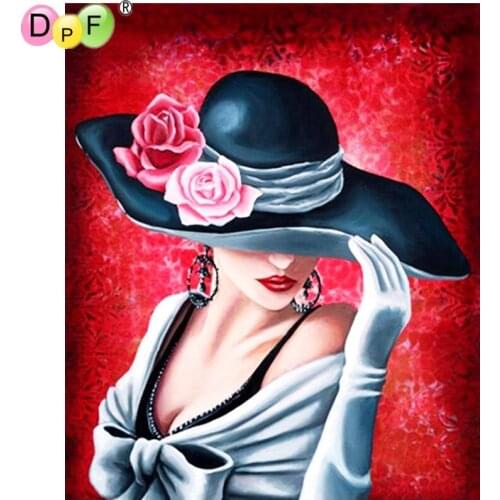 DPF Full Square 5D DIY Diamond Painting Cross Stitch Peony Hat Woman diamond Embroidery Rhinestone diamond Mosaic Painting Gift