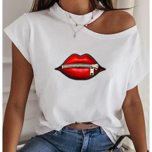 Zipper Red Lip T-Shirt Women Vogue Casual Short Sleeve Tshirts Vintage Creativity Harajuku Tops Womens Tee Funy Female T-shirt