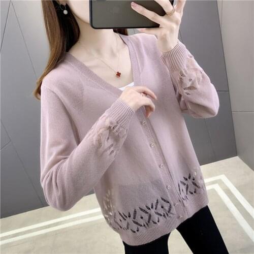 Room 195236, 5 rows, No.5 lower] real shot of solid color hollow diamond thin sunscreen cardigan 34