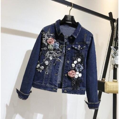 Womens Spring Autumn Fashion Flower embroidery Jean jacket Female Slim Plus size Jean coat chic Outwear TB649