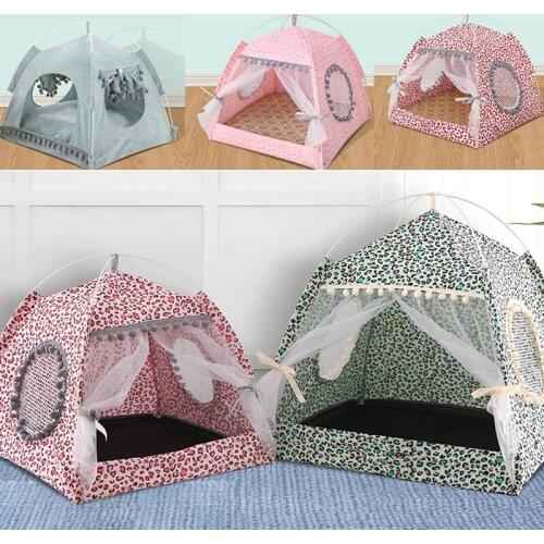 2021 Summer Dog Tent Breathable Pet Puppy House Dog Beds Print with Net for Dogs Portable Foldable Small Dog Mesh Bed Cave