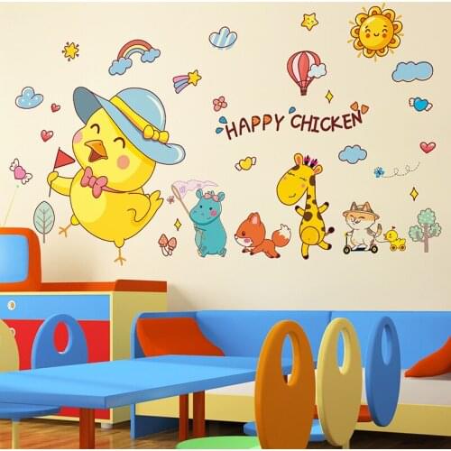 Cartoon Happy Chicken Wall Stickers Kids Room Decor DIY Nursery Mural Children Bedroom Wall Decoration Self-adhesive Wall Paper
