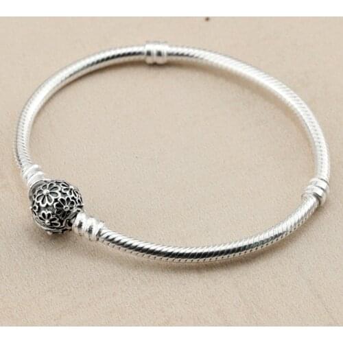 Original Vintage Daisy Flower Clasp Snake Chain Bracelet Fit 925 Sterling Silver Bead Charm Bangle DIY Europe Jewelry