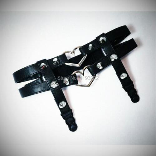 Sexy Punk Rock Handmade Double Heart Leg Garter Belt Leather Elastic Back Thigh Harness Suspender