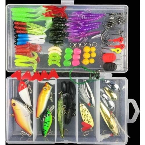 Full Kit Fishing Lures Set Mixed Hard Plastic Wobblers Metal Spoons Soft Lure Silicone Bait Fishing Tackle Accessories X168G