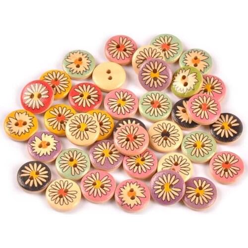 50Pcs Mix Daisy Flower Pattern Wooden Decorative Buttons For Clothing Sewing DIY Scrapbooking Crafts Supplies 2holes 15mm M2609