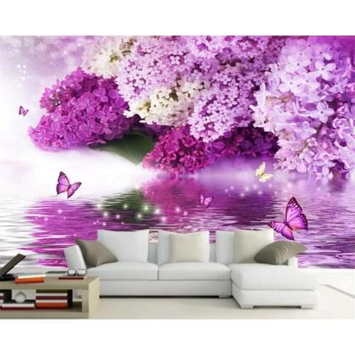 Custom Self Adhesive wallpaper 3d purple flowers reflection butterfly TV background murals home decoration living room bedroom