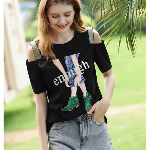 GGRIGHT Sexy Off Shoulder top O Neck T-shirt Women Summer Tops Beading Print Tee Shirt Femme T Shirt White Fashion Women Clothes