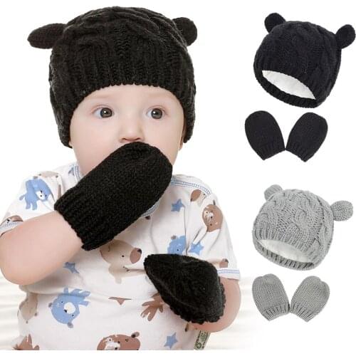Fashion Newborn Infant Knitted Cotton Bear Ears Hat and Winter Warm Glove Set Baby Girl Solid Color Caps Kids Birthday Gifts