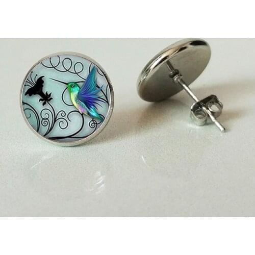 XHDB Blue Hummingbird Stud earring Hummingbird Stud earring Glass Bird Jewelry Art Glass Cabochon Stud earring Wedding Jewelry