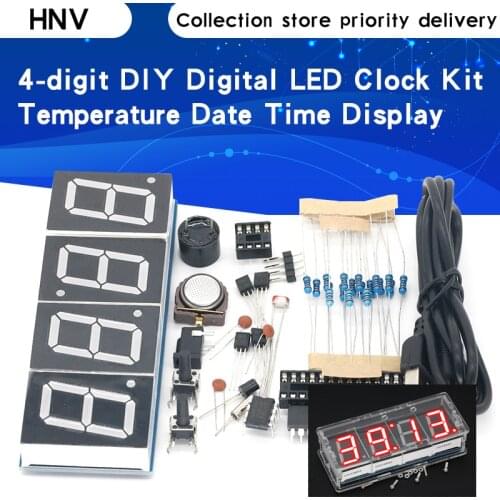 Stylish 4-digit DIY Digital LED Clock Kit Light Control Temperature Date Time Display with Transparent Case Timer DIY Kit