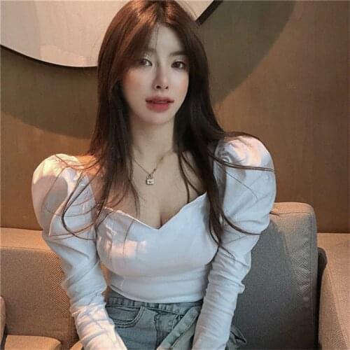 2021 New Elegant Square Collar Women Autumn Shirts Solid Color Puff Sleeve Slim Blouses Tops Sexy Long Sleeve Shirts Y73