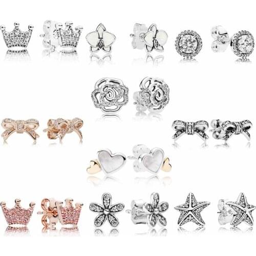 Original Bow Enchanted Crown With Crystal Studs Earring 925 Sterling Silver Earrings For Women Wedding Gift Pandora Jewelry