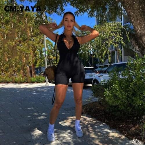 CM.YAYA Women Playsuit Solid Sleeveless Strand Collar Zipper Stretchy Bodycon Playsuits Casual Rompers One Piece Overalls Summer