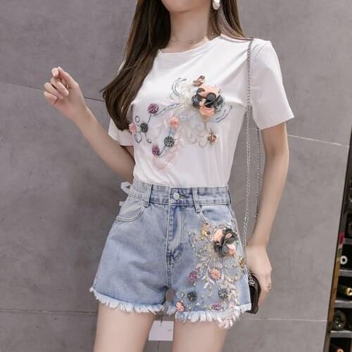 2021 Large size Women Clothing Summer 2 Piece Sets Embroidery 3D Flower T-shirt+Denim shorts Sets Womens Casual Shorts Two Sets