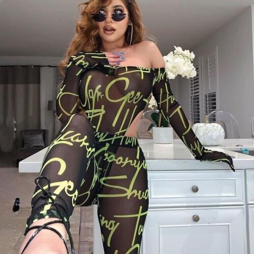 OMSJ Mesh Sexy Hot Transparent Women Black Set Letter Print Off Shoulder 2 Piece Outfit Long Sleeve Bodysuit And Pants Tracksuit