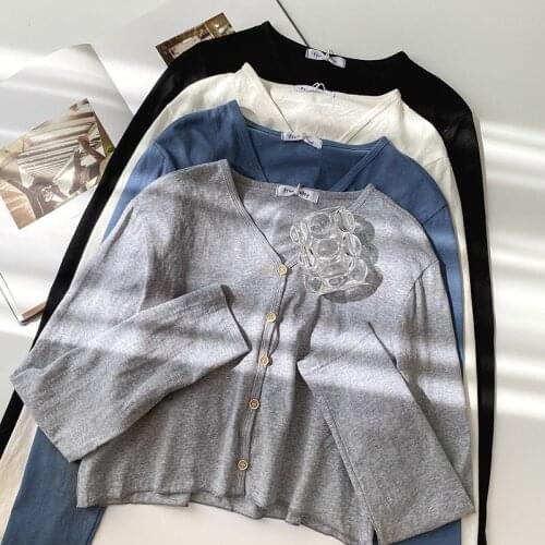 Causal Solid Knitted Cotton Cardigan Women 2021 Autumn Fashion V-Neck Slim Single Breasted Long Sleeve Korean Crop Tops