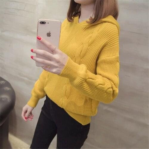 2021 Autumn Winter Hooded Knit Sweater Women Pullover Korean Short Pullover Loose Long Sleeve Knitted Tops Female Jumper Ladies