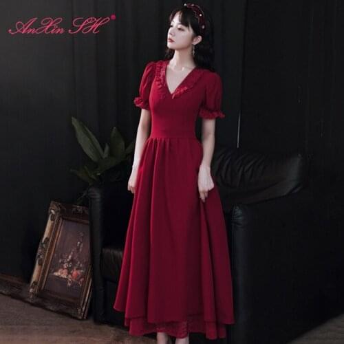 AnXin SH Luxury princess Retro French V-neck wine red satin evening dress vintage temperament lace up Bridal long evening dress