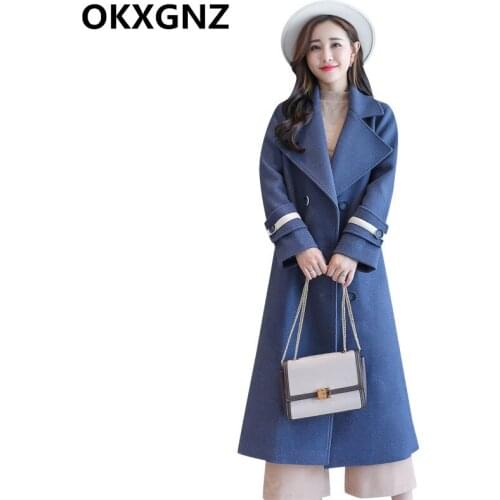 2019 Autumn Winter New Large Size Women Woolen Coat Fashion Vintage Female Overcoat Double-breasted Long Wool Blend Outerwear