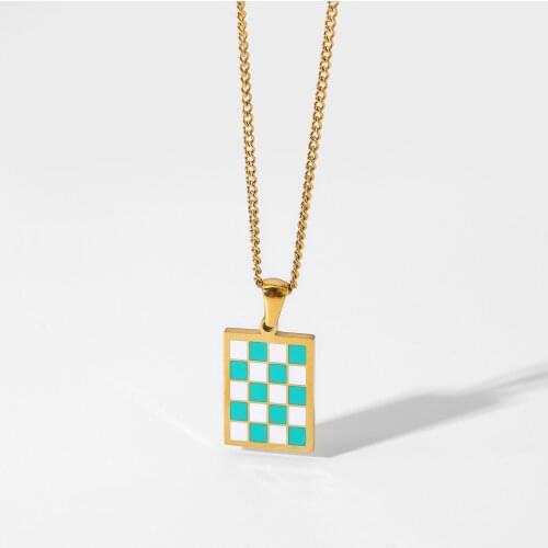 2021 New Arrival 18k Gold Plated Stainless Steel Party Jewelry Square chess Plaid pendant necklace for Women