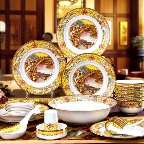28pcs Special Design "The Qingming Festival On the River" Glazed Bone Porcelain Tableware Jingdezhen Ceramic Bowl and Plate Set