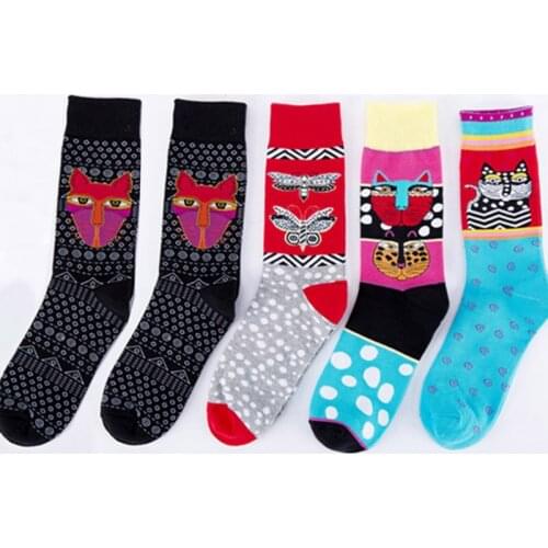 5 Pairs Funny Winter Cotton Crew Socks Men Calcetines Long Happy Socks For Mens Dress Cartoon Cat Sock Meia Sokken Socken Gift