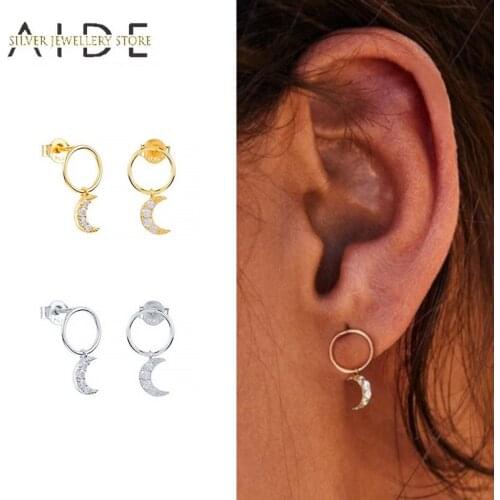 AIDE Fashion 925 Sterling Silver Stud Earrings For Women Trendy Circle Pendientes Moon/Star Piercing Earings Jewelry brincos