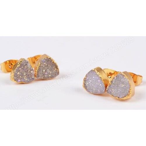 BOROSA 8mm Gold Color Triangle Natural Crystal Titanium AB Druzy Stud Earrings g0682