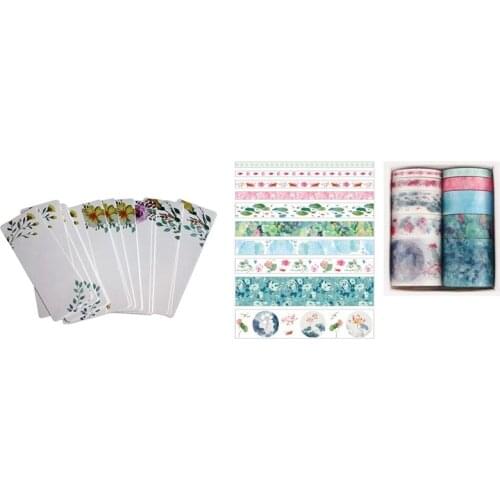 40Pcs DIY Flower Bookmark Book Mark Message Cards Bookmarks with 10Pcs Decorative Kawaii Washi Tape Set B