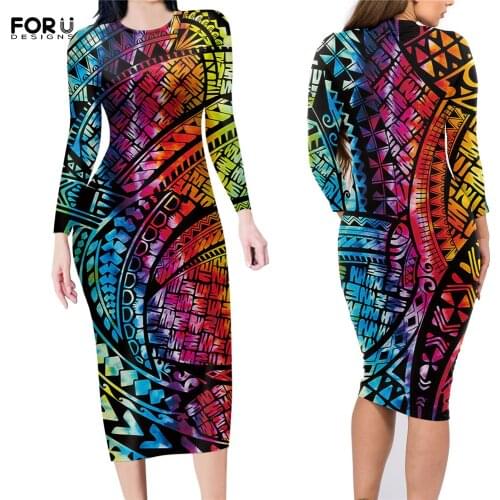 FORUDESIGNS Fashion Lady Bodycon Pencil Dress Hawaiian Polynesian Samoan Tribal Pattern Women Long Sleeves Party Cothing Mujer
