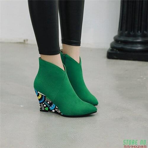 Fashion Suede Wedge Heel Womens Shoes Green Black Orange Purple Print Wedges Winter Ankle Boots Pointed Toe Bootie 2019