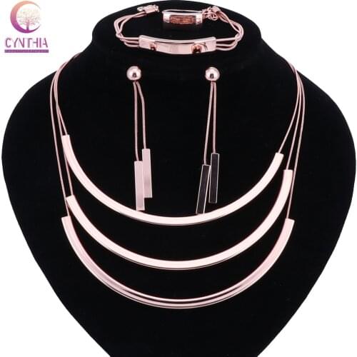 Fashion Bridal Gift Nigerian Wedding African Beads Jewelry Set Fashion Dubai Rose Gold Color Necklace Earring Ring Jewelry Sets