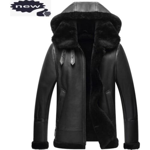 Shearling Coat Men Winter Thick Wool Liner Hooded Bikers Jackets Sheepskin Real Leather Pilot Jacket Slim Fit Warm Overcoat 4XL
