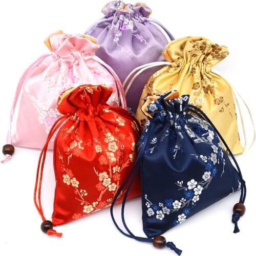 Thick Cherry blossoms Small Gift Bag Drawstring Silk Brocade Packaging Pouch Jewelry perfume Makeup Storage Pocket with lined