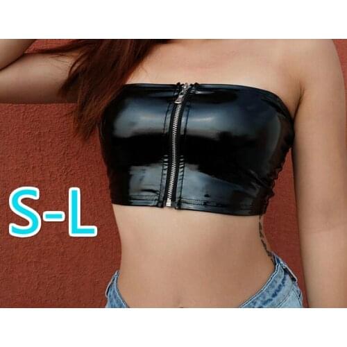 Sexy new wrapped chest PU leather zipper short T-shirt hot womens clothing