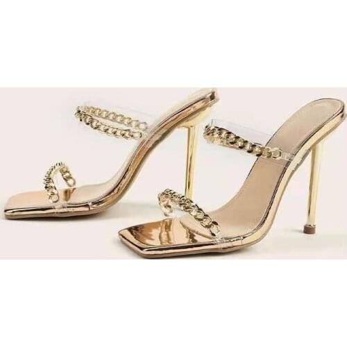 Slippers Female Fashion Chain Shoes Woman Summer Women Sandals Square Toe Ladies Heel Mules Clear Pvc Transparent High Heels