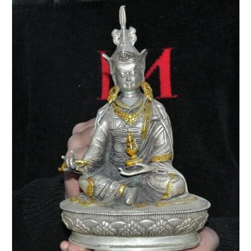 Tibet Buddhism Tibetan silver Gilt Padmasambhava Buddha Lotus Guru Monk Statue