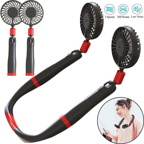 Usb Portable Fan Cold Fan Neck Fan Hanging Rechargeable Mini Sport Fan 3-speed Adjustable Neck Dual 360 Degree Free Rotation Fan