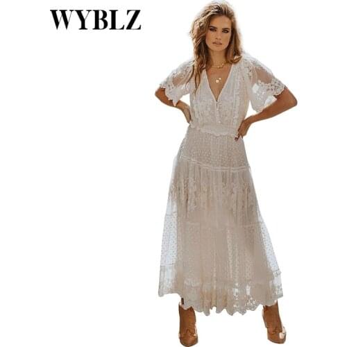 WYBLZ Hollow Out White Summer Women Long Lace Dress Cross Semi-Sheer Plunge V-Neck Short Sleeve Beach Maxi Dress Femme Vestidos