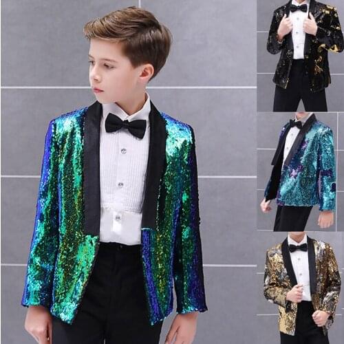 Green Graduation Prom Party Boys Suits Gold Shiny Stage Performance Tuxedos Kid Wedding Suit Child Blazer with Pants set 2 piece