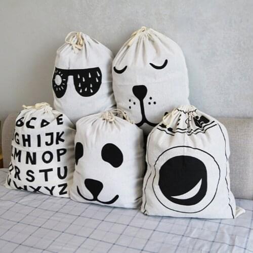 Animal Stripe Pattern Cotton Laundry Bag Toy Home Canvas Storage Bag Drawstring Dirty Clothes Bag